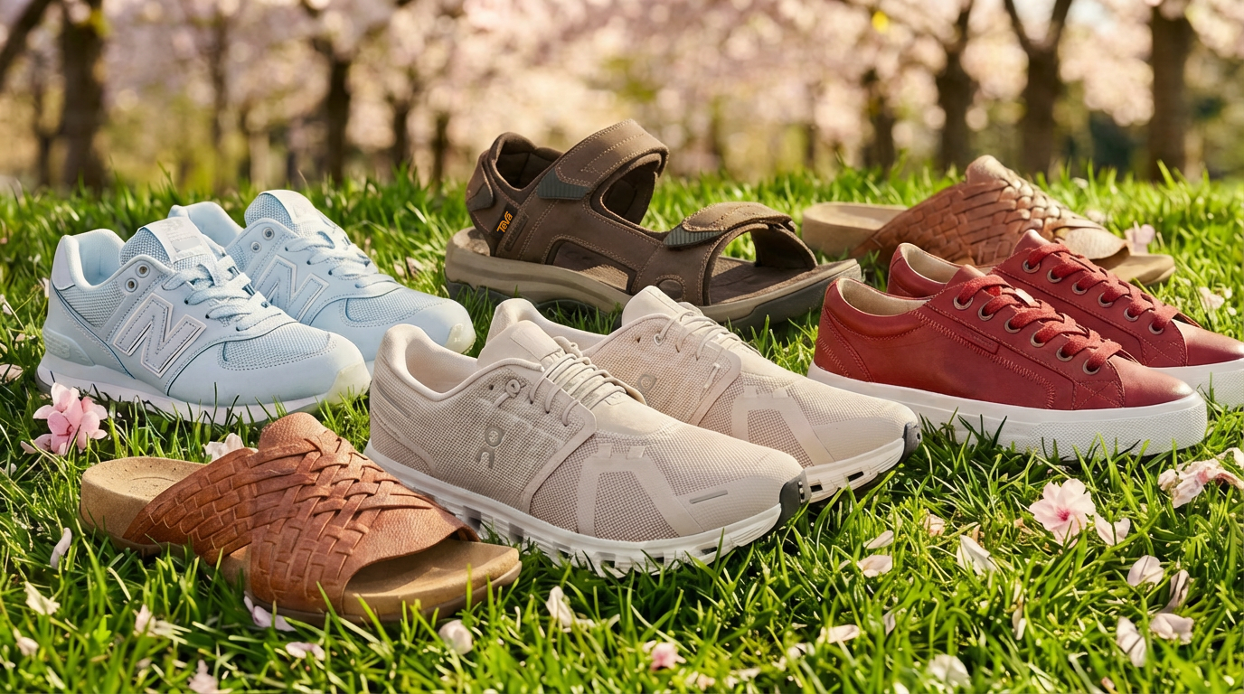 Assorted spring footwear on a grassy field with cherry blossoms in full bloom.