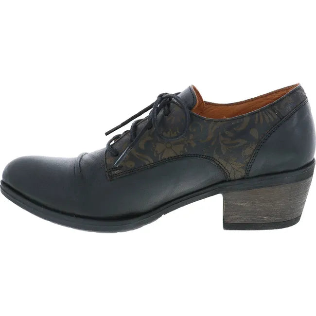 Medial side of the Biza Valor Womens Oxford Shoein black leather with lace up closure and block heel