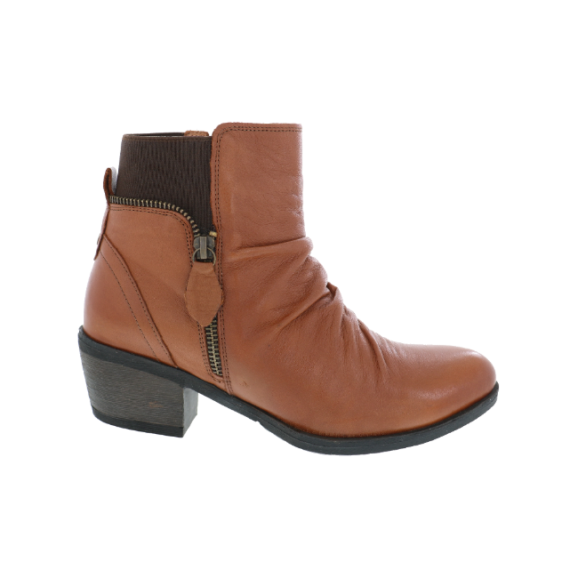 Lateral side of Women's Biza Vivien Boot in brandy brown glove leather with stacked heel