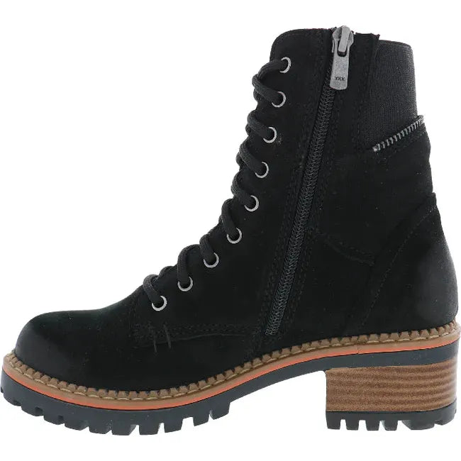Medial side of Womens Biza Willow Boot in black suede with a side zipper, tan midsole and block heel