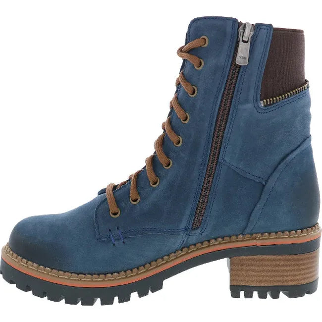 Medial side of Womens Biza Willow Boot in blue nubuck with a side zipper, tan midsole and block heel