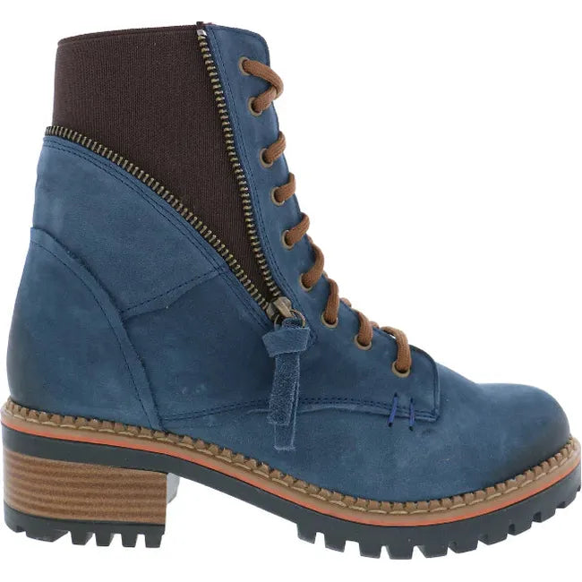 Lateral side of Womens Biza Willow Boot in blue nubuck with an accent side zipper and tan midsole