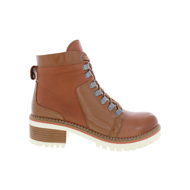 Lateral side of Women's Biza Winnie Boot in brandy brown leather with patent accents and stacked heel
