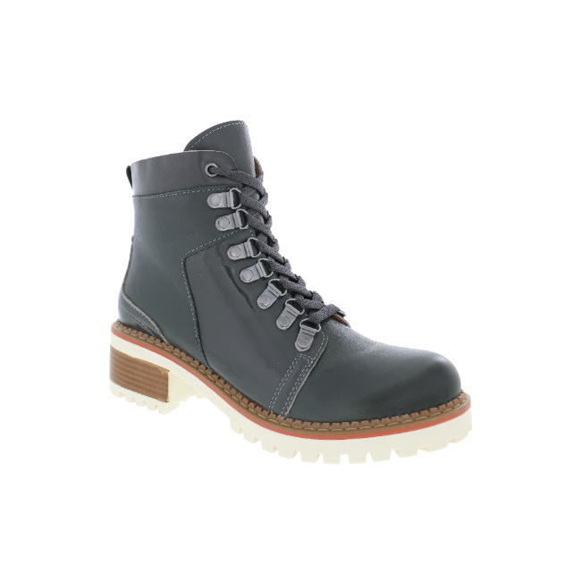 Front angled view of Women's Biza Winnie Boot in grey leather with lace-up front and white lug sole