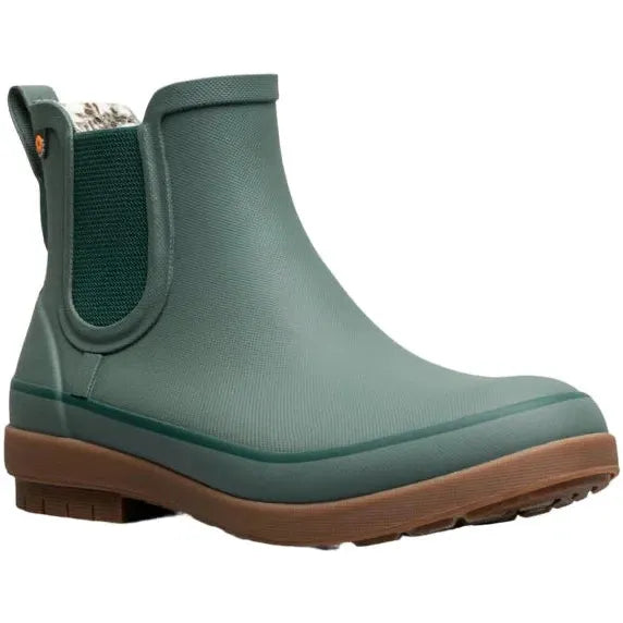 Front angled view of Women&#39;s Bogs Rain Boot Amanda Chelsea II in Spruce green with tan sole