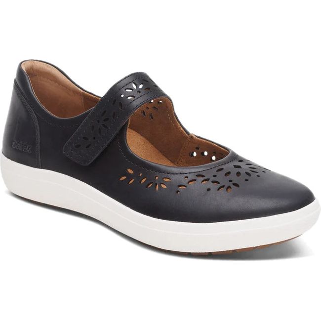 Front angled view of Women's Aetrex Erica Mary Jane Shoe in Black leather with white sole