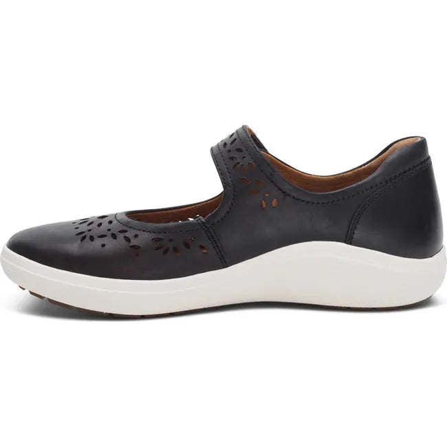 Medial side of Women's Aetrex Erica Mary Jane Shoe in Black leather with white sole