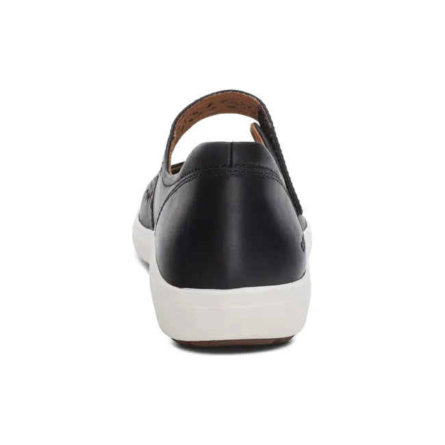 Heel of Women's Aetrex Erica Mary Jane Shoe in Black leather with white sole