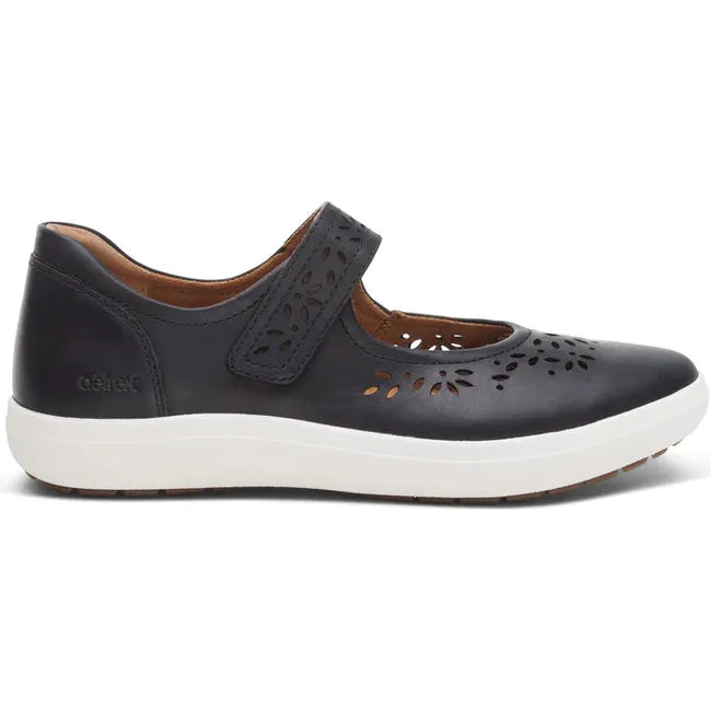 Lateral side of Women's Aetrex Erica Mary Jane Shoe in Black leather with white sole