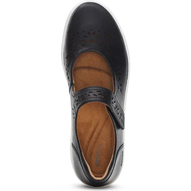 Top down view of Women's Aetrex Erica Mary Jane Shoe in Black leather with velcro strap