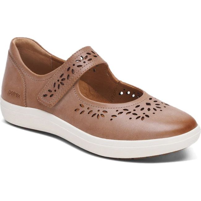 Front angled view of Women's Aetrex Erica Mary Jane Shoe in Tan leather with white sole