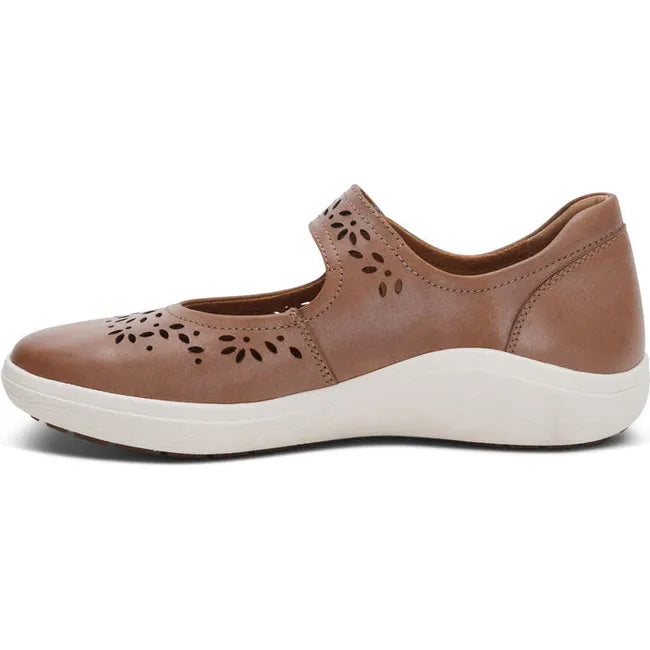 Medial side of Women's Aetrex Erica Mary Jane Shoe in Tan leather with white sole