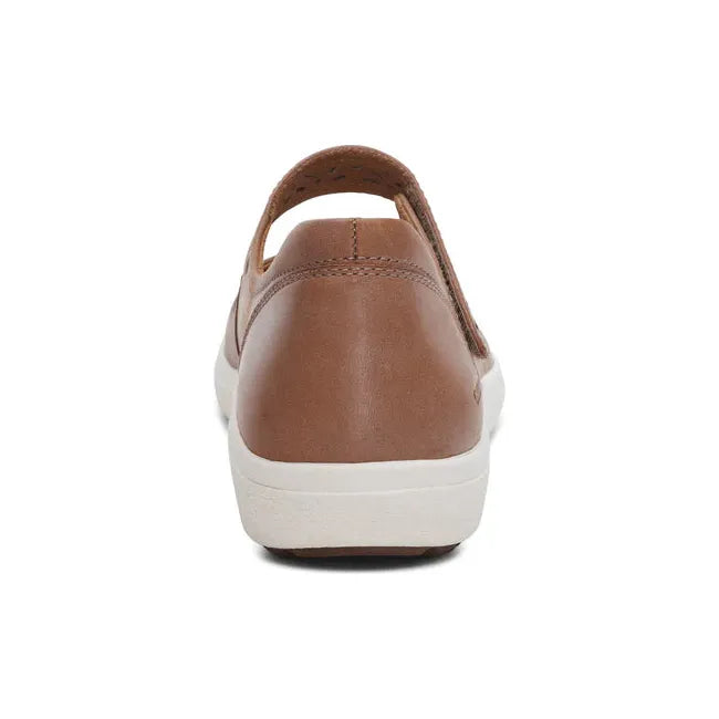 Heel of Women's Aetrex Erica Mary Jane Shoe in Tan leather with white sole
