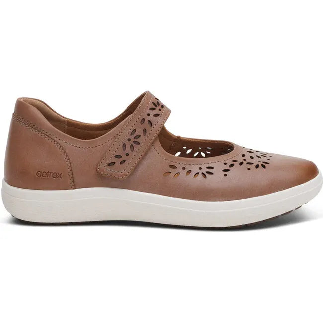 Lateral side of Women's Aetrex Erica Mary Jane Shoe in Tan leather with white sole