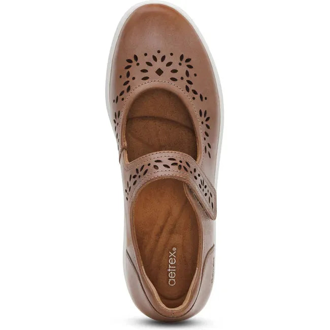 Top down view of Women's Aetrex Erica Mary Jane Shoe in Tan leather with velcro strap
