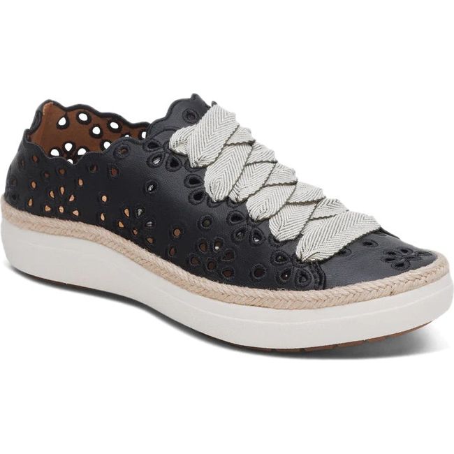 Front angled view of Women's Aetrex Charlotte Arch Support Sneaker in Black leather with cutouts