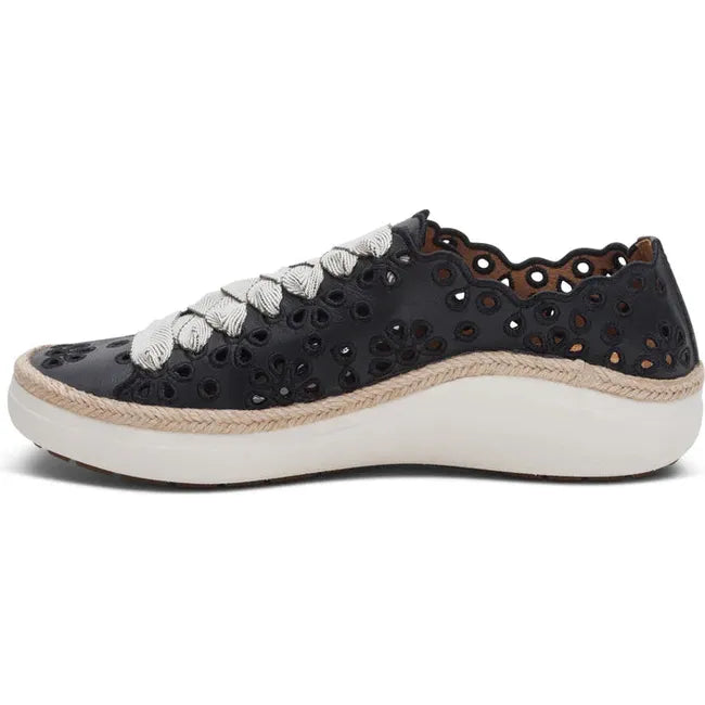 Medial side of Women's Aetrex Charlotte Arch Support Sneaker in Black leather with cutouts