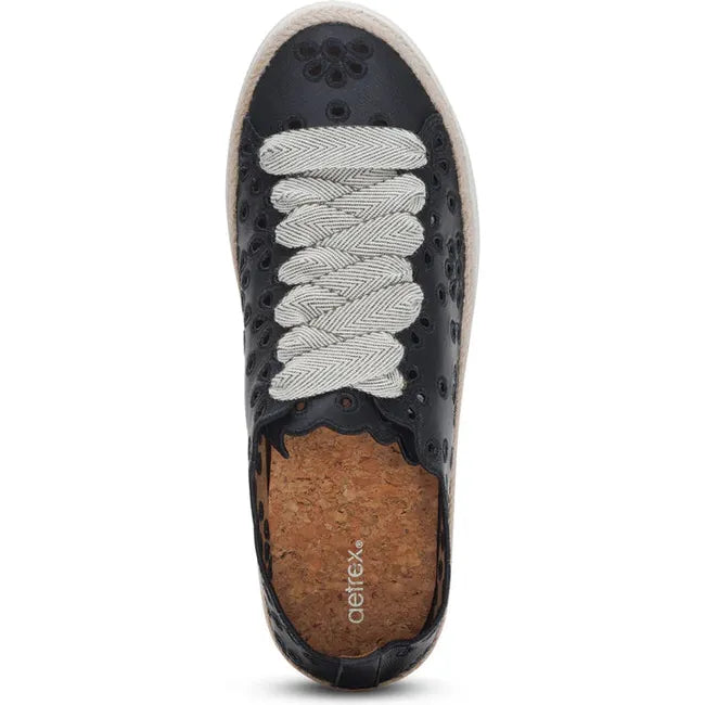 Top down view of Women's Aetrex Charlotte Arch Support Sneaker in Black leather with cutouts