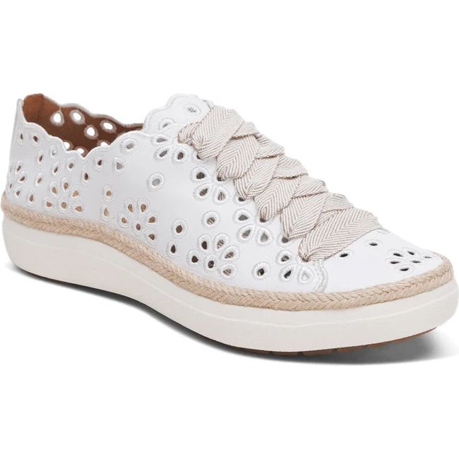 Front angled view of Women's Aetrex Charlotte Arch Support Sneaker in White leather with cutouts