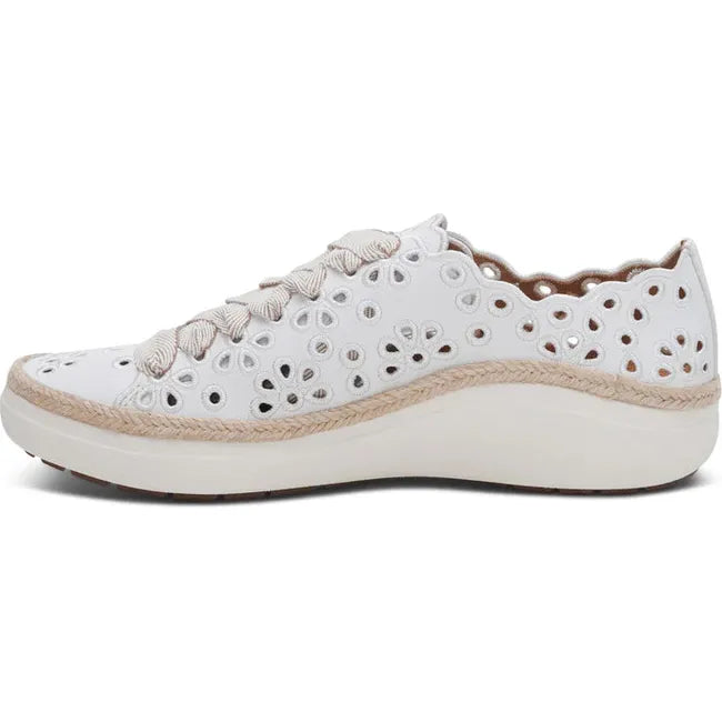 Medial side of Women's Aetrex Charlotte Arch Support Sneaker in White leather with cutouts