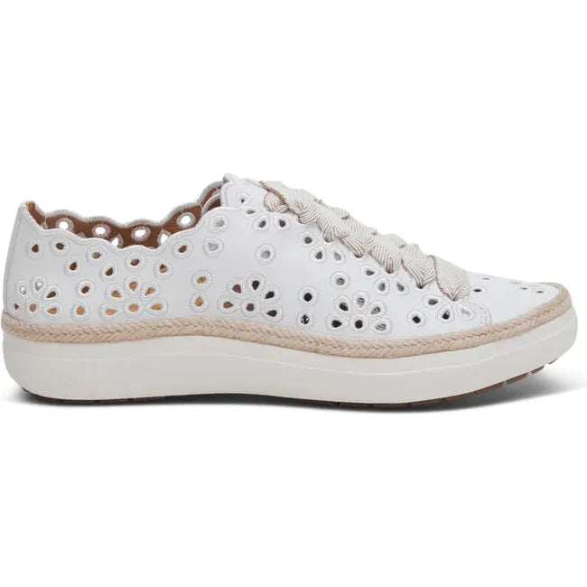 Lateral side of Women's Aetrex Charlotte Arch Support Sneaker in White leather with cutouts