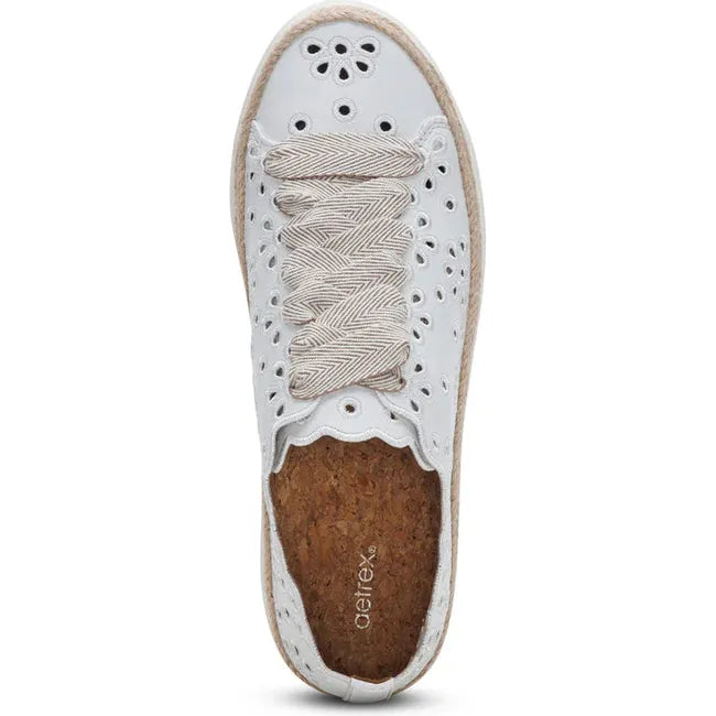 Top down view of Women's Aetrex Charlotte Arch Support Sneaker in White leather with cutouts