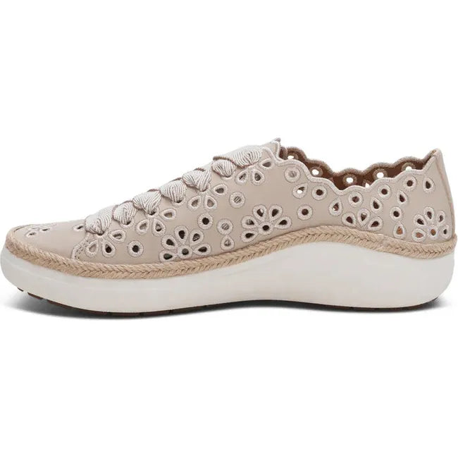 Medial side of Women's Aetrex Charlotte Arch Support Sneaker in Tan leather with cutouts