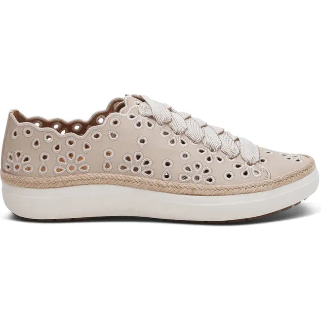 Lateral side of Women's Aetrex Charlotte Arch Support Sneaker in Tan leather with cutouts