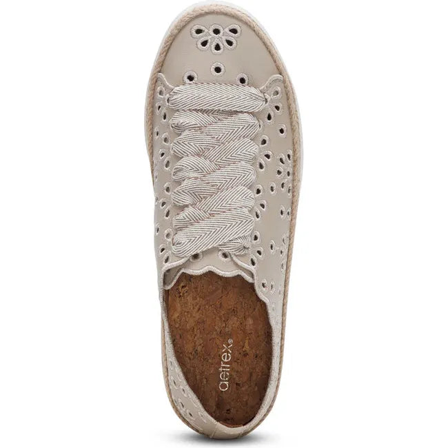 Top down view of Women's Aetrex Charlotte Arch Support Sneaker in Tan leather with cutouts