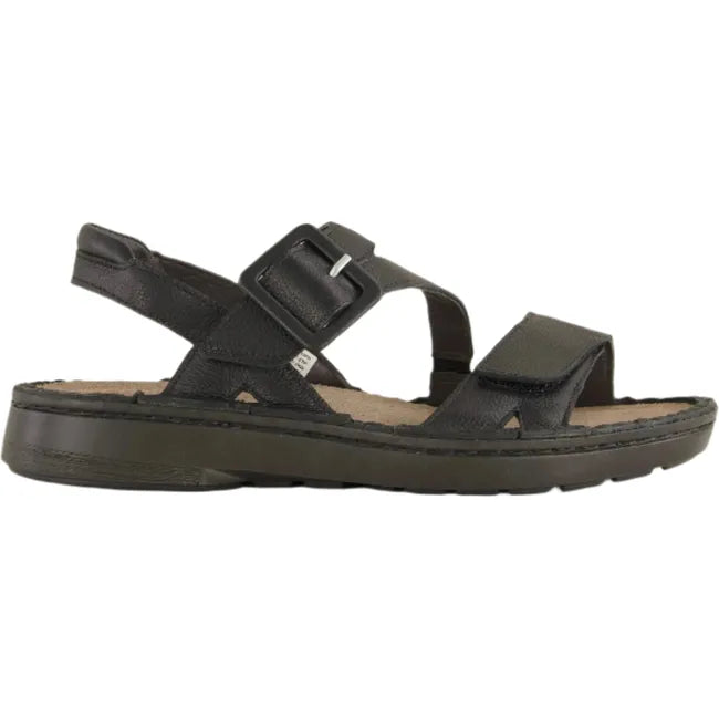 Lateral side view of Naot Women's Castello Black Sandal featuring two hook and loop straps, faux buckle, a soft leather lining, and a black 1.25-inch lightweight polyurethane sole.