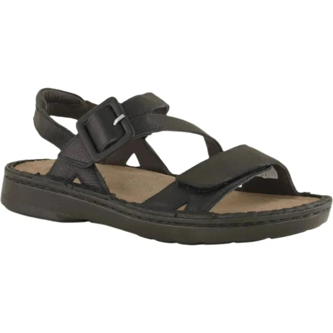 Lateral side angled view of Naot Women's Castello Black Sandal featuring two hook and loop straps, faux buckle, a soft leather lining, and a 1.25-inch lightweight polyurethane sole.