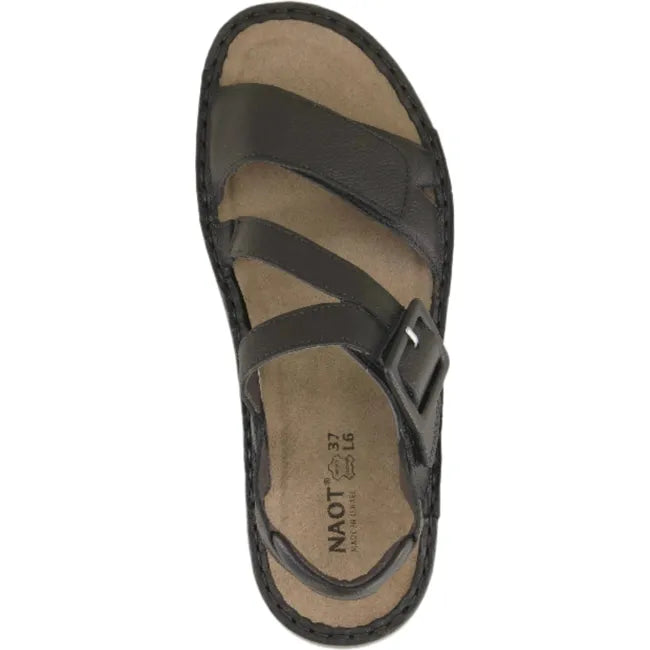 Top view of a Naot Women's Castello Black Sandal featuring two hook and loop straps, a faux buckle, a soft leather lining, a removable suede footbed, and a 1.25-inch lightweight polyurethane sole.