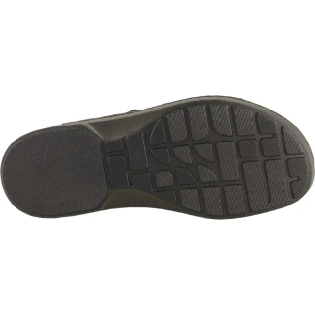 Sole view of Naot Women's Castello Black Sandal featuring a durable 1.25-inch lightweight polyurethane outsole.