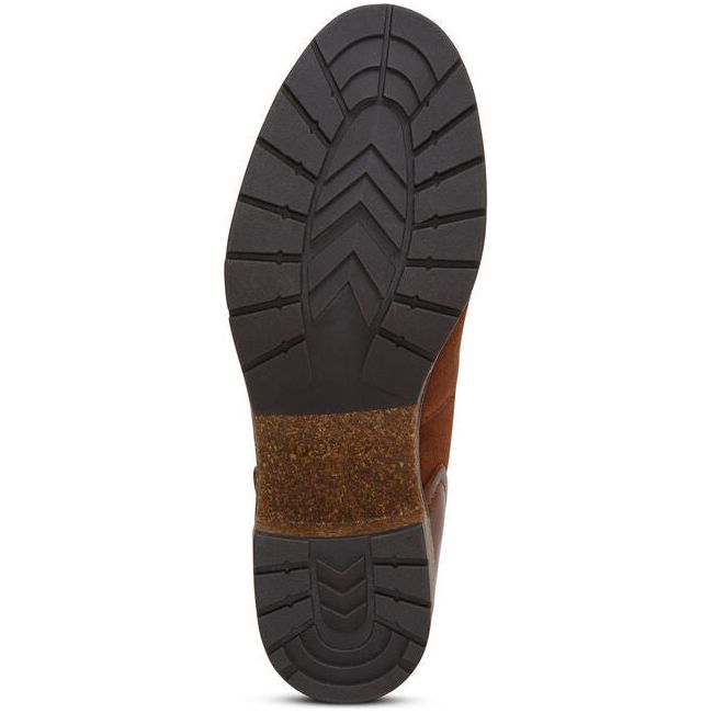 Sole of Women&#39;s Aetrex Frankie Boot in brown suede with block heel and black tread
