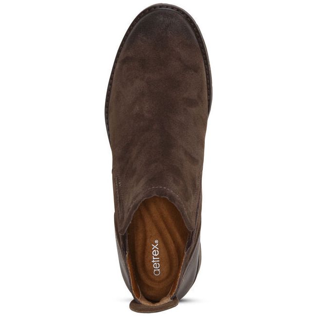 Top down view of Women&#39;s Aetrex Frankie Boot in brown suede with slip on entry