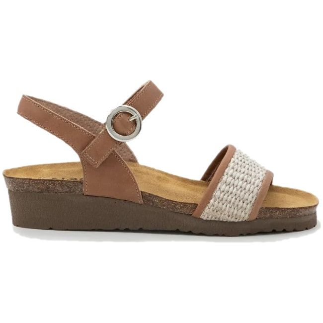 Lateral view Naot Women's Cecile Sandal in latte brown with cork footbed
