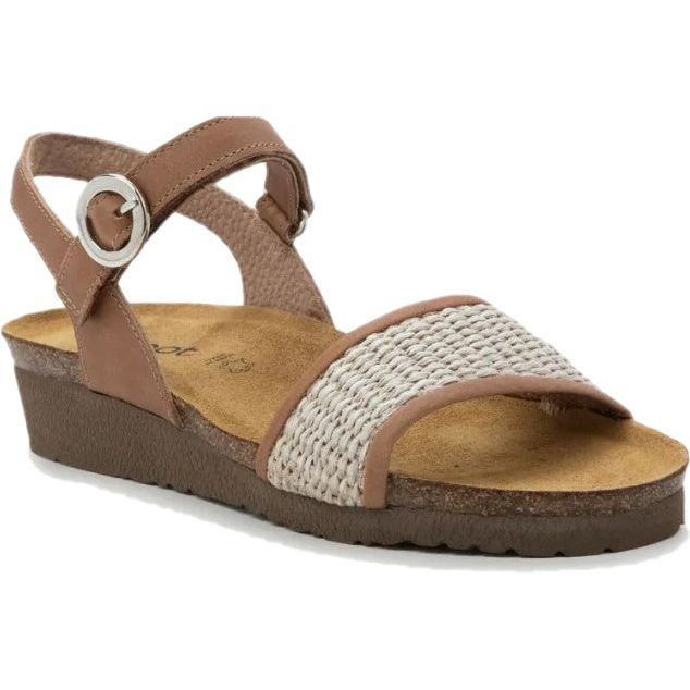 Front angled view Naot Women's Cecile Sandal in latte brown with cork footbed