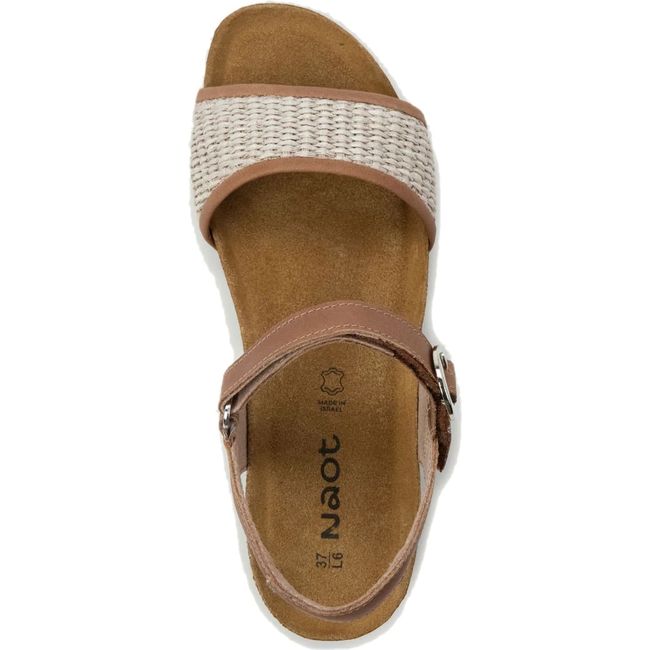 Top down view Naot Women's Cecile Sandal in latte brown with cork footbed