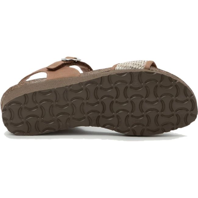 Sole of Naot Women's Cecile Sandal in latte brown upper, cork footbed, and light brown outsole
