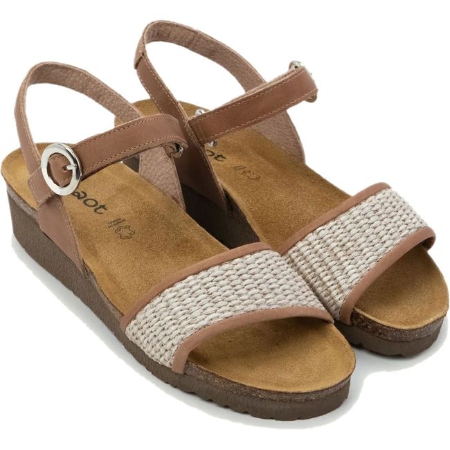 Pair Naot Women's Cecile Sandals in latte brown with cork footbed