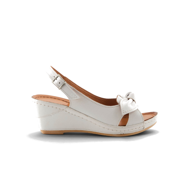 Lateral side of white leather Spring Step Women's Chassidy Wedge Sandal with slingback buckle