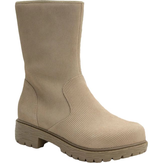 Front angled view of Women&#39;s Alegria Chalet Boot in Cream Dream beige corduroy suede