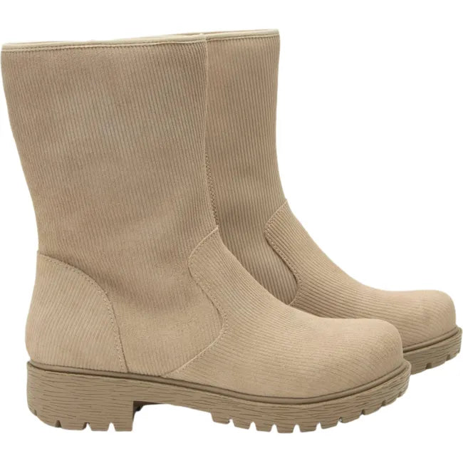 Lateral side of Women&#39;s Alegria Chalet Boots in Cream Dream beige corduroy suede
