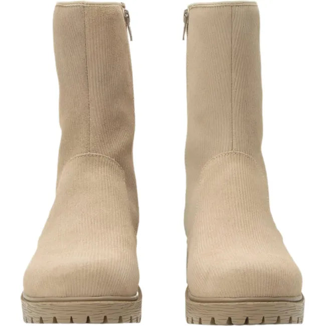Front of Women&#39;s Alegria Chalet Boots in Cream Dream beige corduroy suede