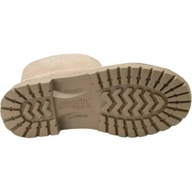 Sole of Women&#39;s Alegria Chalet Boot in Cream Dream beige corduroy suede with slip resistant tread