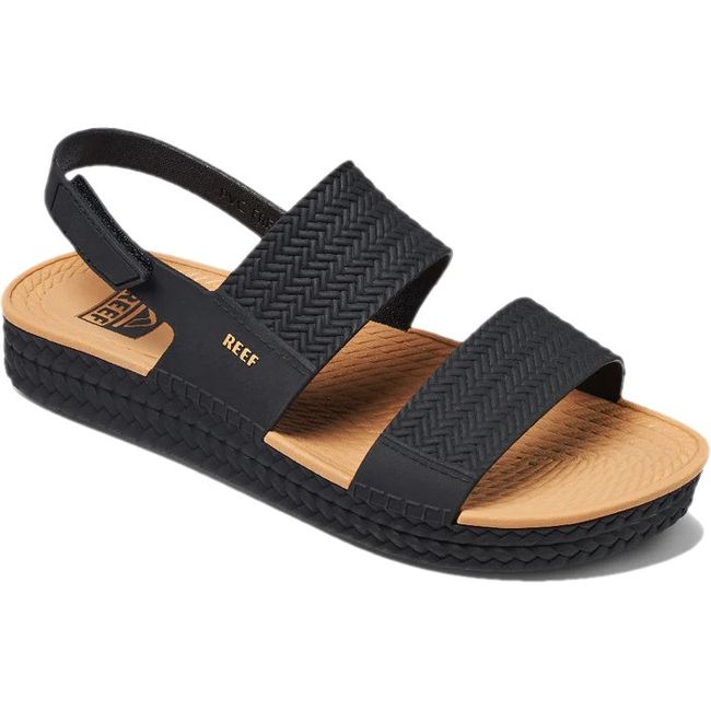 Front angled view of Women's Reef Water Vista Sandal in black and tan with velcro backstrap