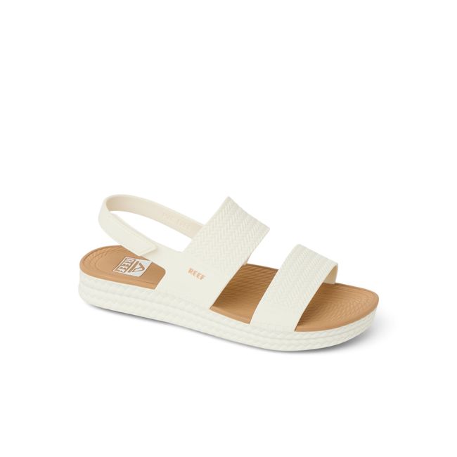 Front angled view of Women's Reef Water Vista Sandal in White Tan with hook-and-loop backstrap