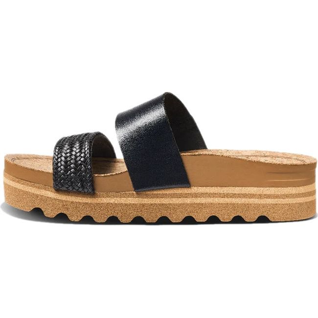 Medial side of Womens Reef Cushion Vista Hi Platform Slide Sandal in Black Braid vegan leather
