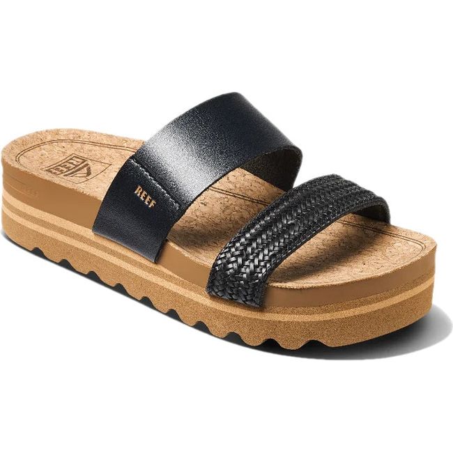 Front angled view of Women's Reef Cushion Vista Hi Platform Slide in Black Braid vegan leather