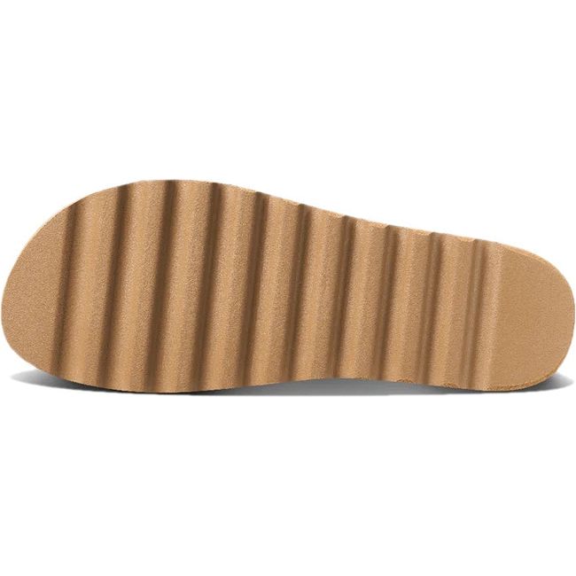 Sole of Womens Reef Cushion Vista Hi Platform Slide in Black Braid vegan leather upper with tan sole